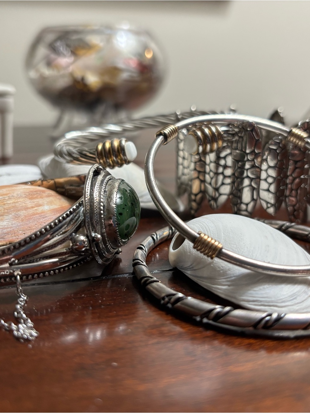 Mixed Metal Bangle Bracelet Set with Green Stone Accent